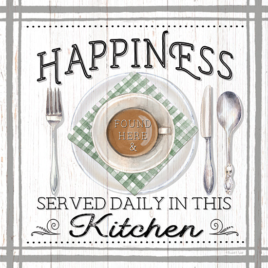 Elizabeth Tyndall ET140 - ET140 - Happiness Served Daily - 12x12 Kitchen, Happiness Found Here & Served Daily in this Kitchen, Typography, Signs, Textual Art, Place Setting, Napkin, Fork, Knife, Spoon, Plate, Coffee, Farmhouse/Country from Penny Lane