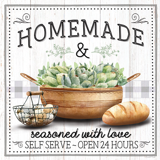 Elizabeth Tyndall ET141 - ET141 - Homemade & Seasoned with Love - 12x12 Kitchen, Homemade & Seasoned with Love, Self Serve, Open 24 Hours, Typography, Signs, Textual Art, Eggs, Egg Basket, Salad, Salad Bowl, Bread, Farmhouse/Country from Penny Lane