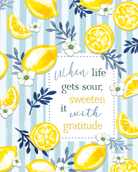 Elizabeth Tyndall ET158 - ET158 - When Life Gets Sour - 12x12 Inspirational, Kitchen, Lemons, Citrus, When Life Gets Sour, Sweeten It With Gratitude, Typography, Signs, Textual Art, Flowers, White Flowers, Greenery, Blue and White, Plaid, Farmhouse/Country from Penny Lane