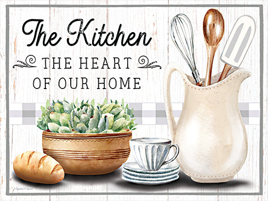 Elizabeth Tyndall ET171 - ET171 - The Kitchen - 16x12 Kitchen, Inspirational, The Kitchen the Heart of Our Home, Typography, Signs, Textual Art, Kitchen Utensils Pitcher, Salad Bowl, Bread, Coffee Cup, Farmhouse/Country from Penny Lane