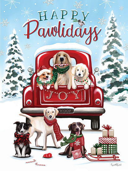 Elizabeth Tyndall ET223 - ET223 - Happy Pawlidays Dogs - 12x16 Christmas, Holidays, Winter, Dogs, Pets, Truck Red Truck, Truck Bed, Happy Pawlidays, Typography, Signs, Textual Art, Presents, Sled, Scarfs, Snow, Trees, Candy, Snowflakes from Penny Lane