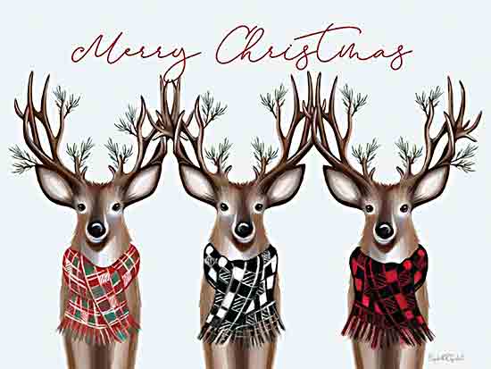 Elizabeth Tyndall ET274 - ET274 - Merry Christmas Deer Trio - 16x12 Christmas, Holidays, Reindeer, Three Reindeer, Scarfs, Merry Christmas, Typography, Signs, Textual Art, Winter, Pine Sprigs from Penny Lane