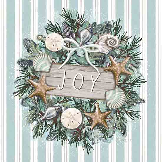 Elizabeth Tyndall ET280 - ET280 - Joy Coastal Christmas Wreath - 12x12 Coastal, Christmas, Holidays, Shells, Starfish, Sand Dollars, Wreath, Greenery, Joy, Typography, Signs, Textual Art, Blue, Patterned Background from Penny Lane