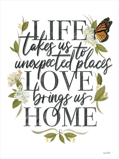 House Fenway FEN487 - FEN487 - Love Brings Us Home   - 12x16 Inspirational, Life Take Us to Unexpected Places, Typography, Signs, Textual Art, Flowers, Butterfly, Spring from Penny Lane