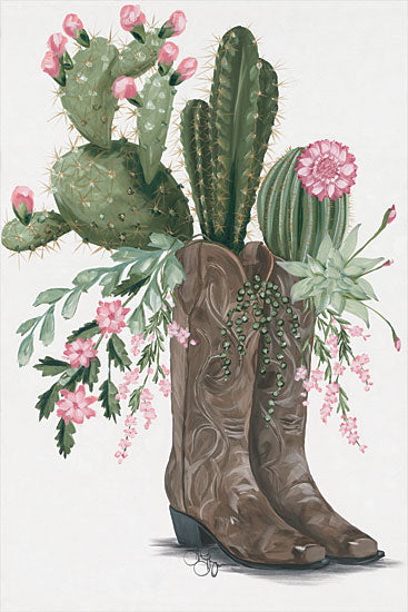 Hollihocks Art HH201 - HH201 - Cactus Boots    - 12x16 Cowboy Boots, Cactus, Flowers, Pink Flowers, Western, Still Life from Penny Lane