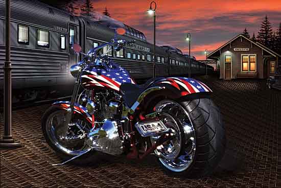 JG Studios JGS359 - JGS359 - Custom Build Bike     - 18x12 Motorcycle, Train Station, Patriotic, Flag, USA, American Flag, Nostalgia, Retro  from Penny Lane