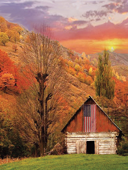 JG Studios JGS381 - JGS381 - Sunlit Barn - 12x16 Log Cabin, Patriotic, Trees, Photography, Autumn, Rustic from Penny Lane