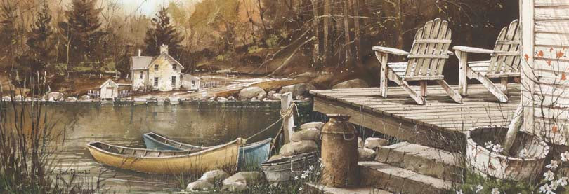 John Rossini JR187C - JR187C - Lounging - 36x12 Lake, Lodge, Adirondack Chairs, Canoes, Cabin, Landscape from Penny Lane