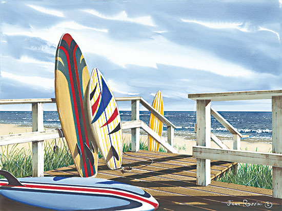 John Rossini JR392 - JR392 - Waiting on the Waves - 16x12 Coastal, Surfing, Surfboards, Dock, Beach, Leisure, Ocean, Summer, Waves, Beach Grass, Summer Sport from Penny Lane