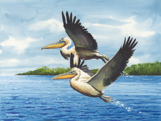 John Rossini JR419 - JR419 - Flight - 16x12 Coastal, Pelicans, Flying Pelicans, Ocean, Waves, Landscape, Blue from Penny Lane