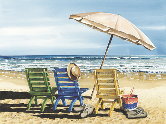 John Rossini JR423 - JR423 - Front Row Seats - 16x12 Coastal, Beach Chairs, Umbrella, Ocean, Beach, Sand, Summer, Flip Flops, Bucket, Waves, Landscape from Penny Lane