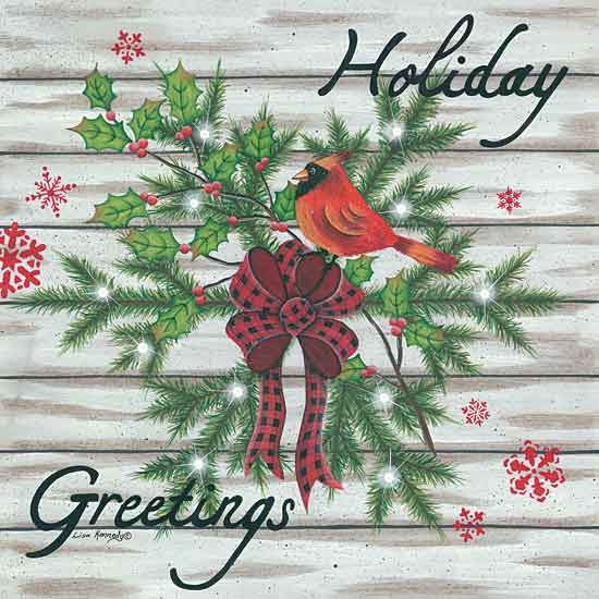Lisa Kennedy KEN1084 - KEN1084 - Holiday Greetings - 12x12 Holiday Greetings, Cardinal, Pine Brach, Holly, Berries, Buffalo Plaid Ribbon, Wood Background, Snowflakes from Penny Lane