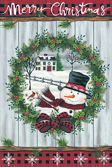Lisa Kennedy KEN1145 - KEN1145 - Christmas Snowman Wreath - 12x18 Merry Christmas, Holidays, Snowmen, House, Cardinal, Wood Background, Wreath, Berries, Buffalo Plaid from Penny Lane