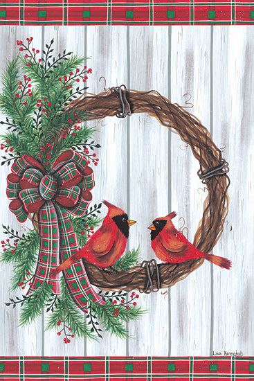 Lisa Kennedy KEN1205 - KEN1205 - Cardinal Wreath - 12x18 Cardinals, Birds, Wreath, Grapevine Wreath, Ribbon, Holidays, Holly, Berries, Decorations, Country from Penny Lane