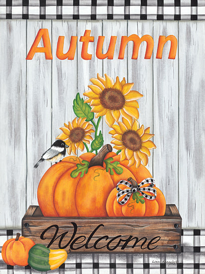 Lisa Kennedy KEN1223 - KEN1223 - Autumn Welcome - 12x16 Autumn, Fall, Welcome, Greeting, Pumpkins, Birds, Gourds, Sunflowers, Still Life, Plaid, Typography, Signs from Penny Lane