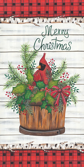 Lisa Kennedy KEN1245 - KEN1245 - Christmas Cardinal - 9x18 Christmas, Holidays, Merry Christmas, Typography, Signs, Textual Art, Cardinal, Bucket, Greenery, Holly, Berries, Birch Tree Limbs, Plaid, Still Life, Black & Red Plaid, Wood Background, Winter from Penny Lane