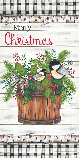 Lisa Kennedy KEN1246 - KEN1246 - Christmas Chickadees - 9x18 Christmas, Holidays, Merry Christmas, Typography, Signs, Textual Art, Chickadees, Bucket, Greenery, Holly, Berries, Birch Tree Limbs, Plaid, Still Life, Brown & White Plaid, Wood Background, Winter from Penny Lane