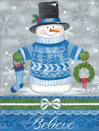 Lisa Kennedy KEN1260 - KEN1260 - Blue Sweater Snowman - 12x16 Snowman, Winter, Christmas, Holidays, Believe, Typography, Signs, Textual Art, Sweater, Blue & White, Top Hat, Snowflakes, Patterns from Penny Lane