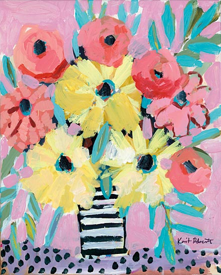 Kait Roberts KR502 - KR502 - Sunshine in a Vase - 12x16 Flowers in a Vase, Striped Vase, Pink and Yellow Flowers, Abstract from Penny Lane