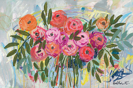 Kait Roberts KR535 - KR535 - A Rainy Day With Flowers - 18x12 Flowers, Pink and Peach Flowers, Abstract from Penny Lane