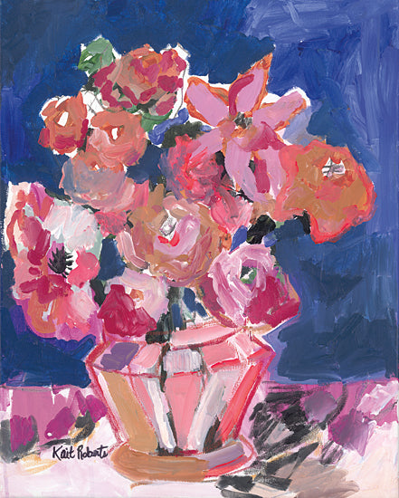 Kait Roberts KR842 - KR842 - Flowers for Barbara - 12x16 Abstract, Flowers, Pink Flowers, Vase, Blue Background, Contemporary from Penny Lane