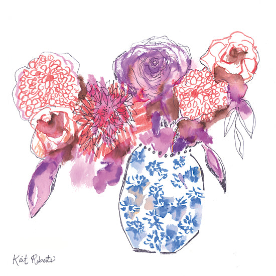Kait Roberts KR872 - KR872 - Blooms for High Tea with Grandma - 12x12 Abstract, Flowers, Blue and White Pottery Vase, Contemporary, Watercolor from Penny Lane