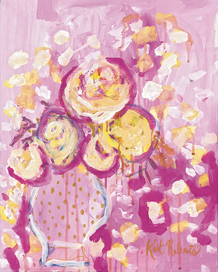 Kait Roberts KR882 - KR882 - Ballerina - 12x16 Abstract, Flowers, Yellow Flowers, White Brush Strokes, Vase, Polka Dots, Pink Background, Contemporary from Penny Lane