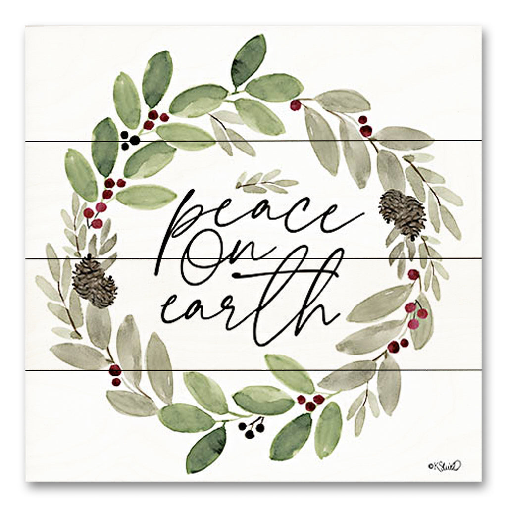 Kate Sherrill KS222PAL - KS222PAL - Peace on Earth Wreath - 12x12 Christmas, Holidays, Wreath, Peace on Earth, Greenery, Pine Cones, Nature, Typography, Signs from Penny Lane