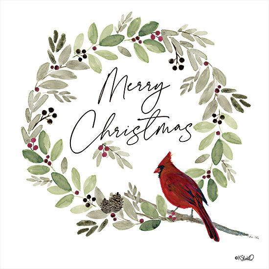 Kate Sherrill KS224 - KS224 - Merry Christmas Cardinal Wreath - 12x12 Christmas, Holidays, Merry Christmas, Typography, Signs, Textual Art, Wreath, Greenery, Berries, Cardinal from Penny Lane