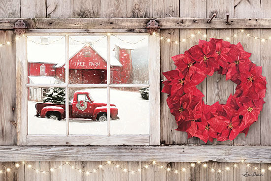 Lori Deiter LD1592 - LD1592 - Poinsettia Wreath Window View    - 18x12 Barn, Poinsettias, Truck, Vintage, Wreath, Christmas Trees, Tree Farm from Penny Lane