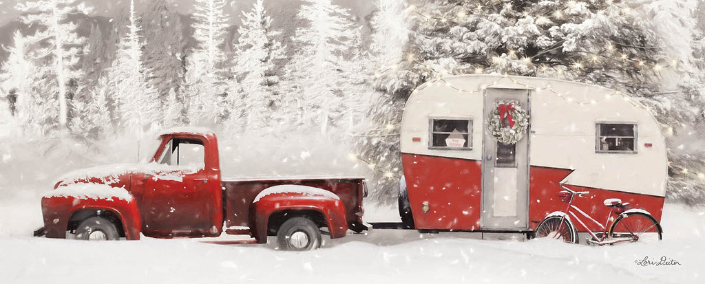Lori Deiter LD1827C - LD1827C - Christmas Camper with Bike - 36x12 Holidays, Christmas, Truck, Camper, Winter, Bike, Trees, Photography from Penny Lane