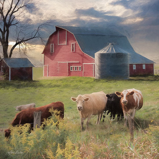 Lori Deiter LD1842 - LD1842 - Wyoming Sunset      - 12x12 Barn, Cows, Landscape, Silo from Penny Lane