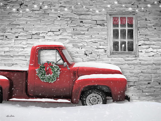 Lori Deiter LD1903 - LD1903 - Snowy Christmas Truck   - 16x12 Holidays, Christmas, Truck, Wreath, White Brick Wall, Winter, Snow from Penny Lane