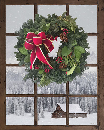 Lori Deiter LD1909 - LD1909 - Teton Christmas Window    - 12x16 Wreath, Pine Cones, Berries, Log Cabin, Snow, Winter, Window Pane, Trees from Penny Lane