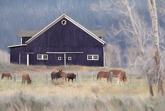 Lori Deiter LD1961 - LD1961 - Old Navy Barn with Horses     - 18x12 Barn, Blue Barn, Horses, Grazing, Pasture, Birch Trees, Farm from Penny Lane