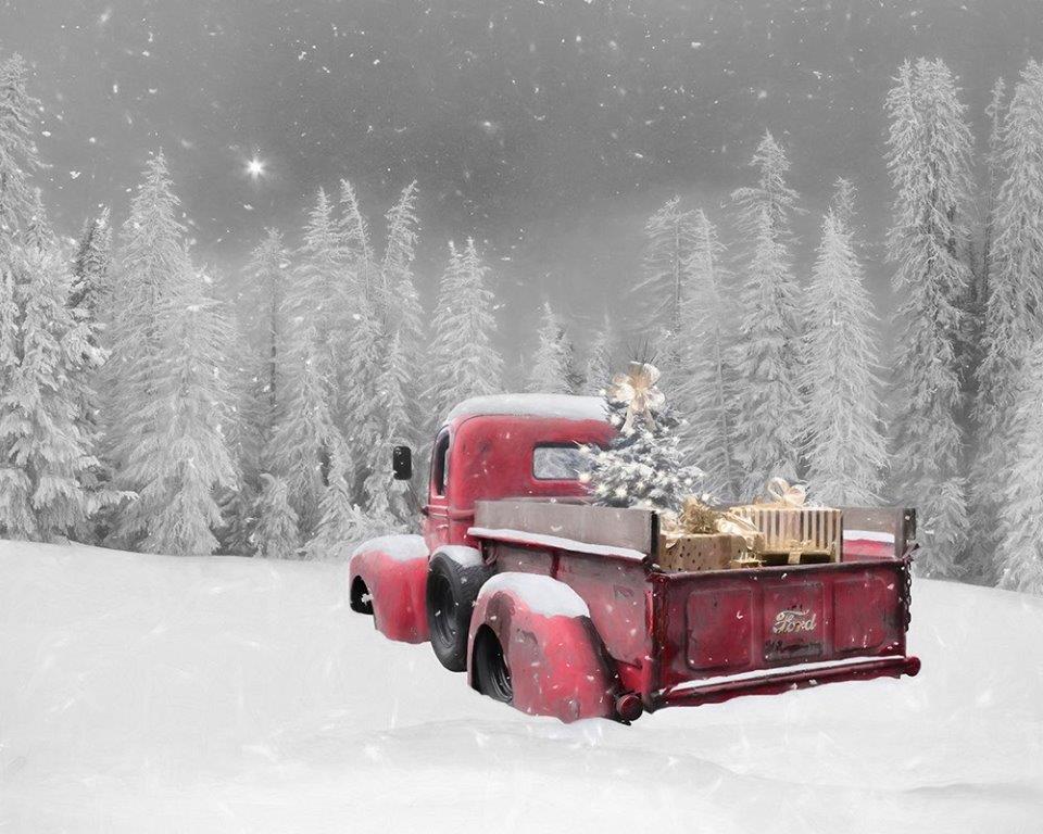 Lori Deiter LD2148 - LD2148 - Red Christmas Ford - 16x12 Red Truck, Truck, Ford, Christmas, Holidays, Wreath, Trees, Winter, Christmas Tree, Presents from Penny Lane