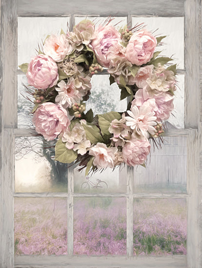 Lori Deiter LD2184 - LD2184 - Spring Peony Wreath - 12x16 Wreath, Peony Flowers, Window, Lilac Field, Meadow, Bike from Penny Lane