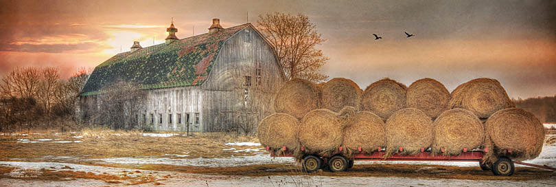 Lori Deiter LD235 - LD235 - Sunset on the Far - 36x12 Barn, Farm, Haybales, Hay Wagon, Harvest, Sunset, Rain from Penny Lane