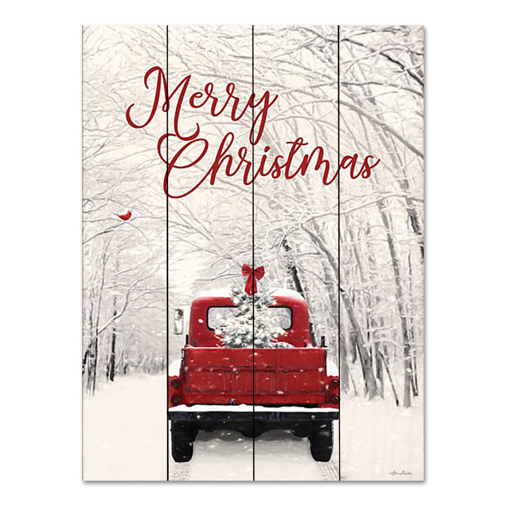Lori Deiter LD3049PAL - LD3049PAL - Vintage Merry Christmas - 12x16 Truck, Red Truck, Winter, Christmas, Holidays, Merry Christmas, Snow, Road, Christmas Tree, Snow, Photography from Penny Lane