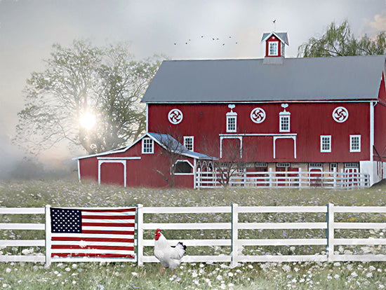 Lori Deiter LD3166 - LD3166 - Patriotic Farm - 16x12 Patriotic, Red Barn, Barn, Farm, Chicken, USA, American Flag, Independence Day, Fence, Wildflowers, Photography, Summer from Penny Lane