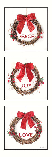Lori Deiter LD3295 - LD3295 - Holiday Wreath Trio - 6x18 Christmas, Holidays, Wreaths, Grapevine Wreaths, Peace, Joy, Love, Typography, Signs, Textual Art, Berries, Holly, Red Ribbons, Winter, Wreath Trio from Penny Lane
