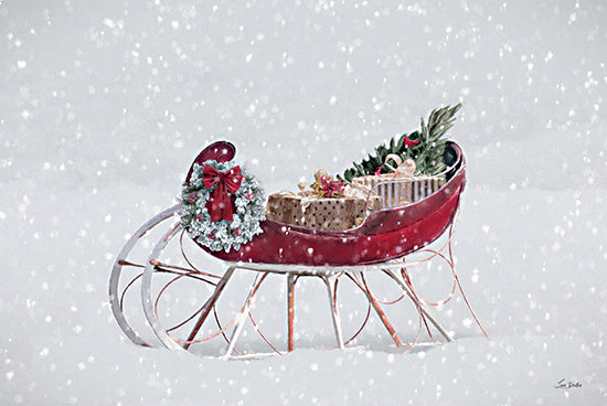 Lori Deiter LD3413 - LD3413 - Snowy Christmas Sleigh - 18x12 Christmas, Holidays, Santa's Sleigh, Sleigh, Presents, Christmas Tree, Wreath, Winter, Snow, Photography, Snowy Christmas Sleigh from Penny Lane