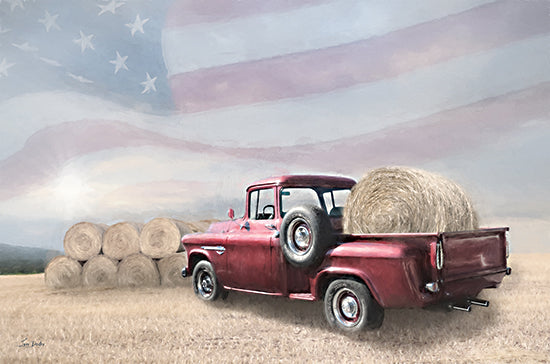 Lori Deiter LD3434 - LD3434 - Patriotic Pastime - 18x12 Photography, Patriotic, Truck, Red Truck, American Flag, Farm, Haybales, Field, Landscape, Independence Day, Summer from Penny Lane