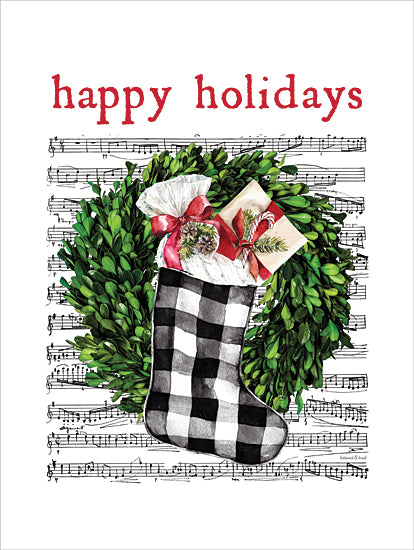 lettered & lined LET796 - LET796 - Happy Holidays Stocking Wreath - 12x16 Christmas, Holidays, Wreath, Stocking, Sheet Music, Happy Holidays, Typography, Signs, Textual Art, Greenery, Ribbon, Winter from Penny Lane