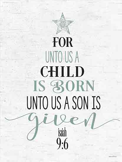 lettered & lined LET913 - LET913 - A Child is Born Tree - 12x16 Christmas, Holidays, Religious, For Unto Us a Child is Born Unto Us a Son is Given, Isiah, Bible Verse, Typography, Signs, Textual Art, Star, Christmas Tree, Black Green from Penny Lane