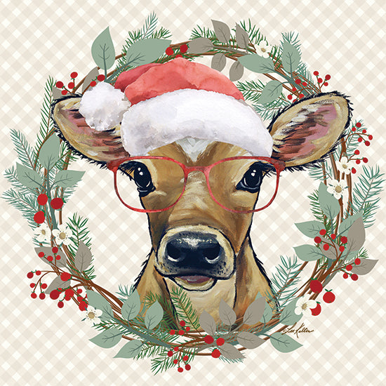 Lee Keller LK236 - LK236 - Christmas Calf - 12x12 Christmas, Holidays, Cow, Calf, Wreath, Grapevine Wreath, Greenery, Holly, Berries, Whimsical, Santa's Hat, Glasses, Plaid Background, Winter from Penny Lane