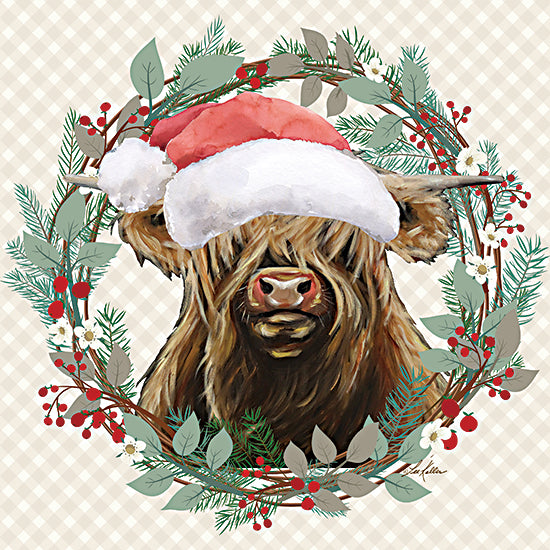 Lee Keller LK238 - LK238 - Christmas Highland Cow - 12x12 Christmas, Holidays, Cow, Highland Cow, Wreath, Grapevine Wreath, Greenery, Holly, Berries, Whimsical, Santa's Hat, Glasses, Plaid Background, Winter from Penny Lane