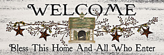 Linda Spivey LS1834A - LS1834A - Bless This Home and All Who Enter - 36x12 Welcome, Bless This Home and All Who Enter, Rusty Stars, Berries, Birdhouse, Country, Greeting from Penny Lane