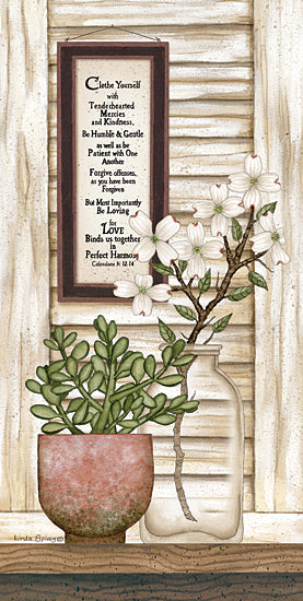Linda Spivey LS1881 - LS1881 - Dogwoods in Bloom - 9x18 Still Life, Greenery, Dogwoods, Potted Plants, Shutter, Religious, Clothe Yourself with Tenderhearted Mercies, Bible Verse, Colossians, Framed Print, Farmhouse/Country  from Penny Lane