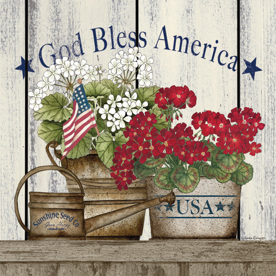 Linda Spivey LS1898 - LS1898 - Americana Still Life - 12x12 Patriotic, Still Life, Flowers, Geraniums, White, Red Geraniums, God Bless America, Typography, Signs, Textual Art, Galvanized Pots, Watering Can, American Flag, Independence Day, Stars from Penny Lane